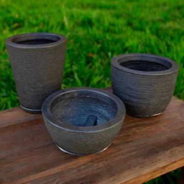 Imagem de Kit Jogo 3 Vasos Decorativos Texturizados Cone + Bojo + Bacia Em Polietileno Para Planta Flor Com Pratos(Preto)