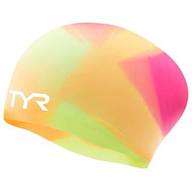 Imagem de TYR Touca de natação de silicone para cabelo longo Tie Dye Youth, rosa amarelo laranja, NA