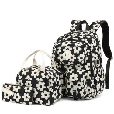 Imagem de Mochila escolar de veludo cotelê para meninas, conjunto de mochilas escolares de grande capacidade com lancheira e bolsa de lápis, veludo cotelê grande, flor preta, Large