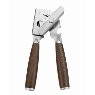 Imagem de Abridor de latas manual eficiente atualizado - cabo de madeira maciça selecionado, borda de lâmina afiada e lisa, design portátil, botão grande de fácil abertura, versátil para várias tampas de