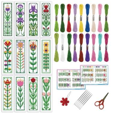 Imagem de INFUNLY Conjunto de 12 peças/conjunto de marcadores de página de ponto cruz de flor verde tulipa rosa DIY carimbado marcador de página de girassol bordado botânico com suporte fio dental instruções