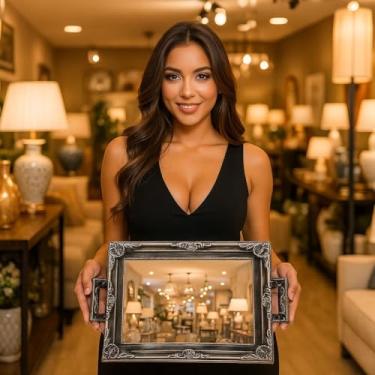 Imagem de Bandeja Decorativa Espelhada com Alças, Moldura Provençal Ornamentada, 38,50 x 23,70 cm Recepção, Mesa, Aparadores (Prata Antigo)