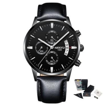 Imagem de Relógio Masculino Luxo Couro Analógico Nibosi 2309 Original, Preto/Pre
