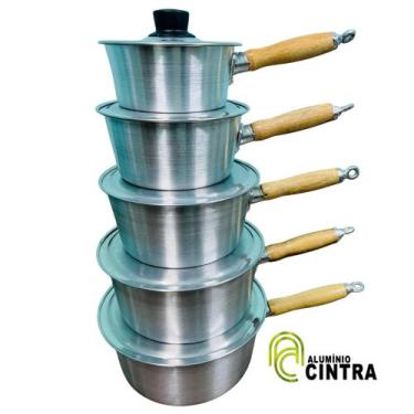 Imagem de Jogo De Panela de Alumínio Grosso Polido 5peças Cabo Madeira 14x22 - A