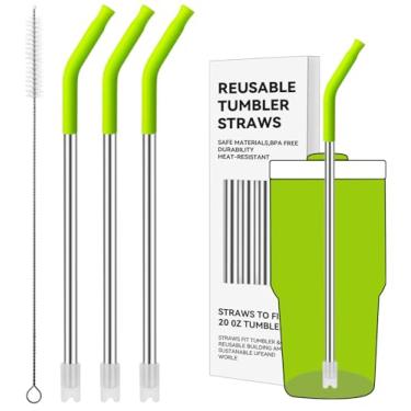 Imagem de Prurex Canudos de metal reutilizáveis com ponta de silicone para Stanley 590 ml, canudos de aço inoxidável para copo de 590 ml, 3 tubos retos e 6 pontas e 1 escova Cleanr (lima brilhante)