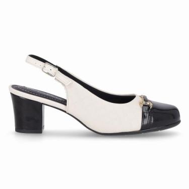 Imagem de Sapato Slingback Laura Salto Médio Off White com Preto - Piccadilly, 3