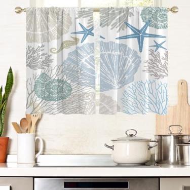 Imagem de AAtter Cortina de janela de praia para cozinha, oceano costeiro, náutico, concha, estrela-do-mar, coral, pequena, curta, casa, quarto, sala de estar, banheiro, cortinas de tratamento, camadas, tecido