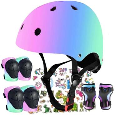Imagem de Capacete de bicicleta infantil ajustável com joelheira, protetores de cotoveleira, capacetes infantis para 3-5-8-14 + patinação em linha capacete de skate