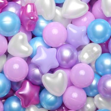 Imagem de GOGOSO Bolas de plástico para poços de bolas, formato de coração de estrelas para crianças pequenas, rosa pérola + azul + roxo + branco, 200 peças