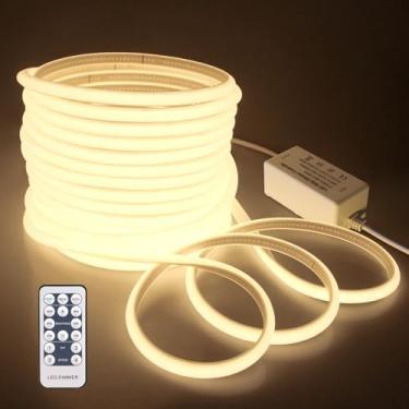 Imagem de Samsion Fita de luzes LED COB de 20 m, à prova d'água, 20 m, regulável, com controle remoto CA 110 V ~ 120 V, faixa de luz COB flexível cortável, branco quente 3000 K para decoração comercial de