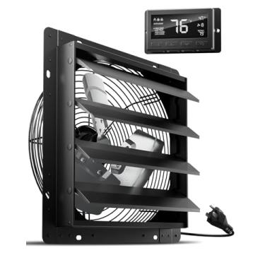 Imagem de HG Power Ventilador de sótão de 35,5 cm com termostato, exaustor de obturador com controlador inteligente de umidade de temperatura, ventilador de estufa montado na parede com motor EC para garagem