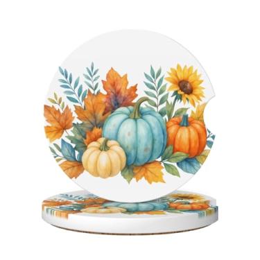 Imagem de Neukim Pacote com 2 porta-copos de carro laranja azul abóbora girassol, porta-copos, 6 cm folha de bordo antiderrapante absorvente de cerâmica com base de cortiça e entalhe de dedo, acessórios de