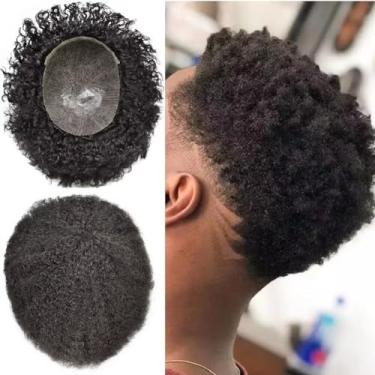 Imagem de Unidades de cabelo masculino trançado para homens negros PU injeção afro masculino para homem afro-americano peça de cabelo 6 mm-14 mm cacheado preto masculino peruca de cabelo humano brasileiro para