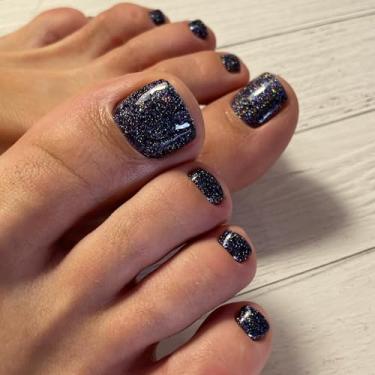 Imagem de Unhas dos pés com glitter azul escuro para mulheres, unhas falsas cintilantes, unhas curtas quadradas, acrílicas, prensas nos dedos dos pés, reutilizável azul marinho, cola em ajuste natural, sem