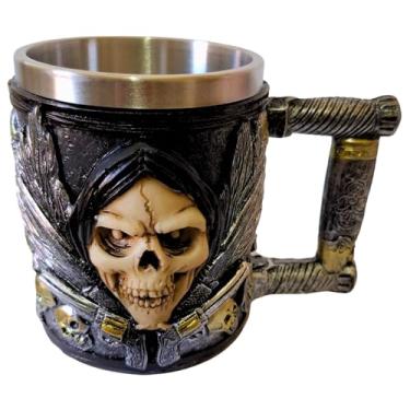 Imagem de Caneca 410ml Aço Inox Resina Pintada à Mão Gótica Medieval Caveira Dragão Corvo Rock Metal Bar Pub Cerveja Vinho Whisky Rum Motoclube Irmandade Biker Encontro Motoqueiro (Mercenário do Submundo)