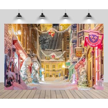 Imagem de CHNYWORK 2,1 x 1,5 m pano de fundo de rua de Natal Europa Snowy Street Shop bolas de Natal Ano Novo véspera de Natal Viagem Europeia Decoração de festa de aniversário Retrato Foto Studio Booth