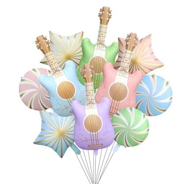 Imagem de Conjunto de balões musicais - 10 peças de balões em forma de guitarra pastel com estrelas em redemoinho, decorações de festa com tema musical para aniversário, chá de panela