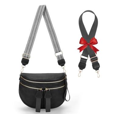 Imagem de Bolsa de couro marrom para mulheres, pochetes, bolsas transversais, bolsa tiracolo grande com 2 peças de carteira de cinto de alça ajustável, Preto, Large, Bolsas femininas