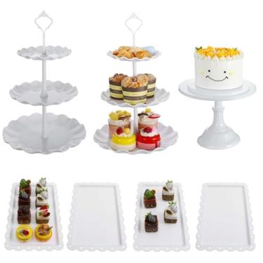 Imagem de Conjunto de 7 suportes de mesa de sobremesa, inclui 2 suportes de cupcake de plástico de 3 camadas, 1 suporte de bolo branco de metal, bandeja de servir 4 peças, suportes de sobremesa para casamento