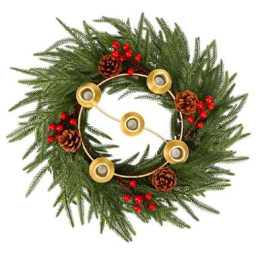 Imagem de Sliner Guirlanda de Natal do Advento de 39,9 cm, 5 velas, guirlanda de agulha de pinheiro Norfolk com anel de ouro, castiçal, pinhas, frutas vermelhas, decoração de centro de mesa de Natal para igreja