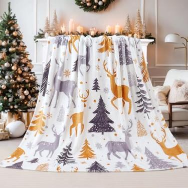 Imagem de Cobertor de Natal Árvore de Natal Cobertor de Rena Ultra Macio Inverno Floco de Neve Flanela Cobertor Quente Confortável Fuzzy Plus Gift Cabine Cobertor para Sofá de Cama, Cinza Dourado, 127 cm X 152