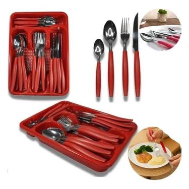 Imagem de Faqueiro 17 Peças Conjunto Talheres Garfo Colher Faca Inox Vermelho Kit Cozinha Jantar Porta Talher