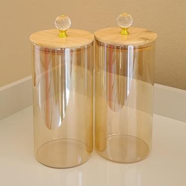 Imagem de kit de 2 Potes de Vidro ambar liso cristal com Tampa de Bambu 1300ml Organizador para cozinha porta mantimentos