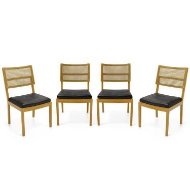 Imagem de Kit Com 4 Cadeiras Milena Madeira Maciça Assentos Estofados Encostos De Tela Palha Sextavada Courino Preto 503