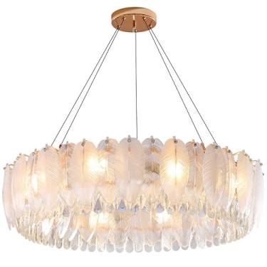 Imagem de Lustre moderno de tambor de 20" para sala de jantar, redondo, dourado, grande, luminária pendente, estilo nórdico, de vidro, para teto, para meninas, quarto, sala de estar, hall, cozinha, il