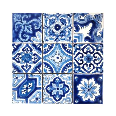 Imagem de DYARI Conjunto de 9 azulejos decorativos de cerâmica – Pintados à mão em ambientes internos e externos – Cozinha artesanal – decoração mediterrânea 10 x 10 / um azulejo colorido durável (azul, 45