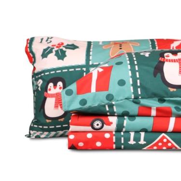 Imagem de Gogreen Jogo de cama casal com bolso profundo de 4 peças, respirável e ultra macio, decoração de Natal estilo hotel, presentes para crianças, mulheres, homens - Coleção de Natal
