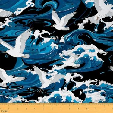 Imagem de Feelyou Tecido ondulado japonês da The Yard 5 jardas Sea Mew Seagulls estampa animal tecido decorativo impermeável para ambientes externos oceano ondas do mar tecido estofado para cadeiras estilo