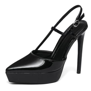 Imagem de NEWBELLA Sandálias femininas plataforma de couro envernizado salto agulha com tira no tornozelo, bico fino, salto alto, Preto, 38