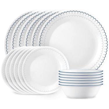 Imagem de Conjunto de Jantar Corelle 18 peças para 6 pessoas, Pratos Redondos e Tigelas Leves, Vidro Triplo Vitrelle, Resistente a Rachaduras