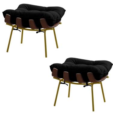 Imagem de Kit 2 Puffs Decorativos Sala de Estar Abel Base de Madeira Dourada Veludo Preto - Gran Belo