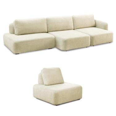 Imagem de Conjunto Sala de Estar 1 Sofá Retrátil Modulado 282cm e 1 Poltrona Santiago Bouclê Off White G89 - Gran Belo