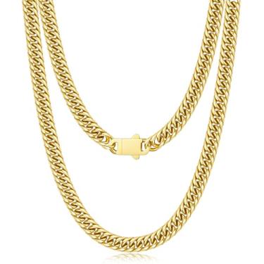 Imagem de Joymoly Corrente de elos cubanos de 5 mm/7 mm/9 mm para homens e meninos com fecho push-lock, corrente grossa de aço inoxidável banhado a ouro 18K para homens, corrente de colar legal masculina 18/20