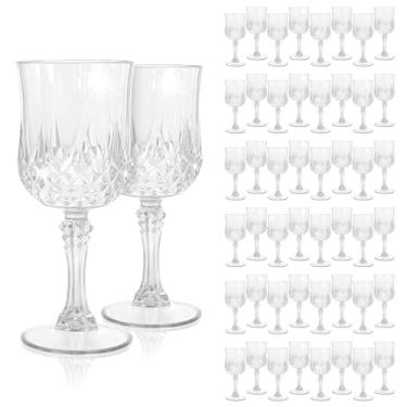 Imagem de EVSGSONL Pacote com 48 taças de vinho de plástico transparente, taças de plástico vintage para festas, copos de água transparentes, reutilizáveis para recepção de casamento, suprimentos de festa para