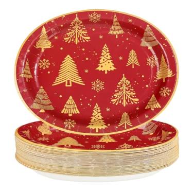 Imagem de 50 peças de pratos de papel ovais de Natal 25,4 x 30,5 cm, grandes pratos de papel para árvores de Natal vermelhas descartáveis, resistentes, douradas, floco de neve, sobremesa, pratos para decoração