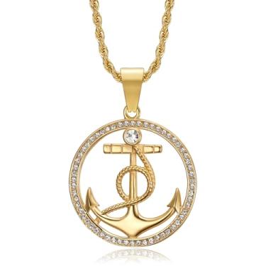 Imagem de Colar masculino com pingente de âncora náutica vintage banhado a ouro 18 K, corrente de corda de 61 cm, joia vintage azul-marinho hip hop, Large, Metal, Zircônia cúbica