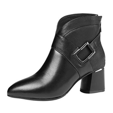 Imagem de Bigfanshu Botas femininas com fivela no calcanhar moda zíper cor metal decoração sapatos quadrados botas de festa, Preto, 35 M EU