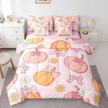 Imagem de Erosebridal Jogo de cama solteiro com laço de abóbora com laço rosa, margarida, outono, dia de Ação de Graças, para meninos, meninas, crianças, lençol com elástico, lençol de cima e colheita de outono
