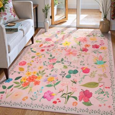 Imagem de Tapete floral para quarto, 10 x 15 cm, lavável, boho, antiderrapante, tapete pequeno, para quarto, cabeceira, quarto de crianças, escritório, sala de jogos, entrada, sala de jantar
