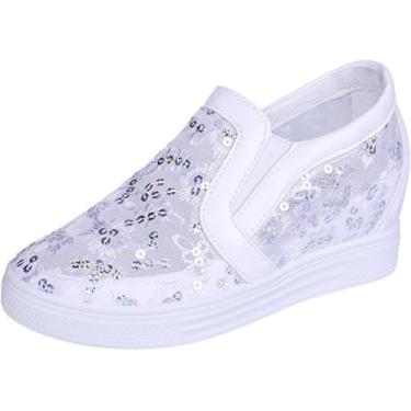 Imagem de Tênis de plataforma feminino, sem cadarço, lantejoulas, malha, bordado, confortável, para caminhar, Branco, 38 BR