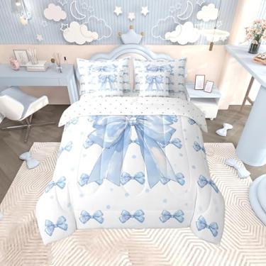 Imagem de Feelyou Jogo de cama casal de 7 peças, estampa kawaii, azul claro, edredom com laço e laço e laço grande
