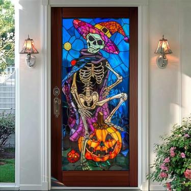 Imagem de HOMETITUTE Película de caveira assustadora para janela de Halloween, chapéu de bruxa, abóbora, decorativo, privacidade, adesivo estático, película de vidro sazonal, para sala de estar, quarto, porta