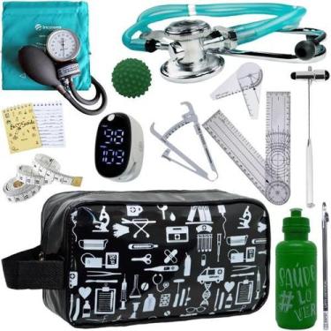 Imagem de Kit Necessaire Fisioterapia Goniometro Martelo Buck Fita Imc Oxímetro 