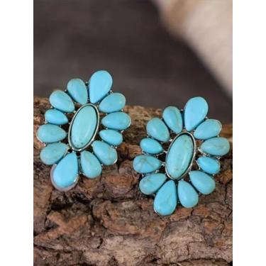 Imagem de Brincos femininos com pingente de pedra quadrada turquesa – Brincos de gancho banhados – Joias modernas para uso casual e formal, Medium, Latão, Sem pedra preciosa