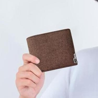 Imagem de Carteira masculina fina, carteira jeans com dobra dupla para homens, pequena carteira, carteira portátil para cartão de crédito para trabalho, compras, Marrom, Casual