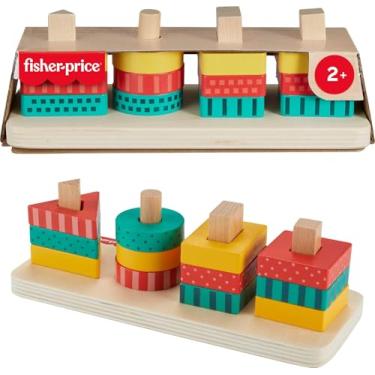 Imagem de Fisher-Price Brinquedo para empilhar com círculos, triângulos e quadrados de madeira, 13 peças fabricadas com material certificado FSC, conjunto inspirado em Montessori + 2 anos (HXV05)